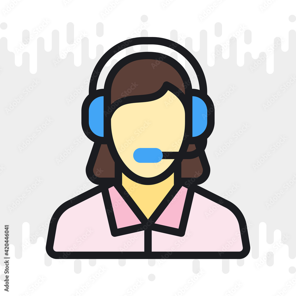 Technical support, customer support or telephone operator icon. Call center concept. Woman in headset answers customer requests. Simple color version on a light gray background
