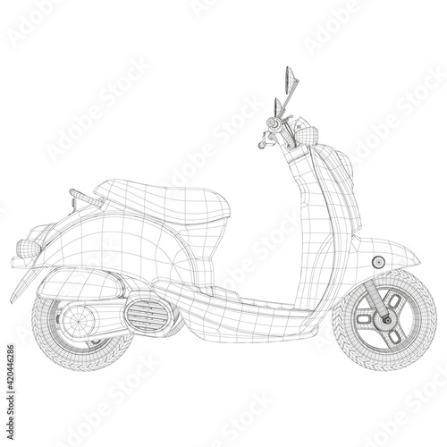 Polygonal wireframe of a motor scooter isolated on a white background. 3D. Side view. Vector illustration