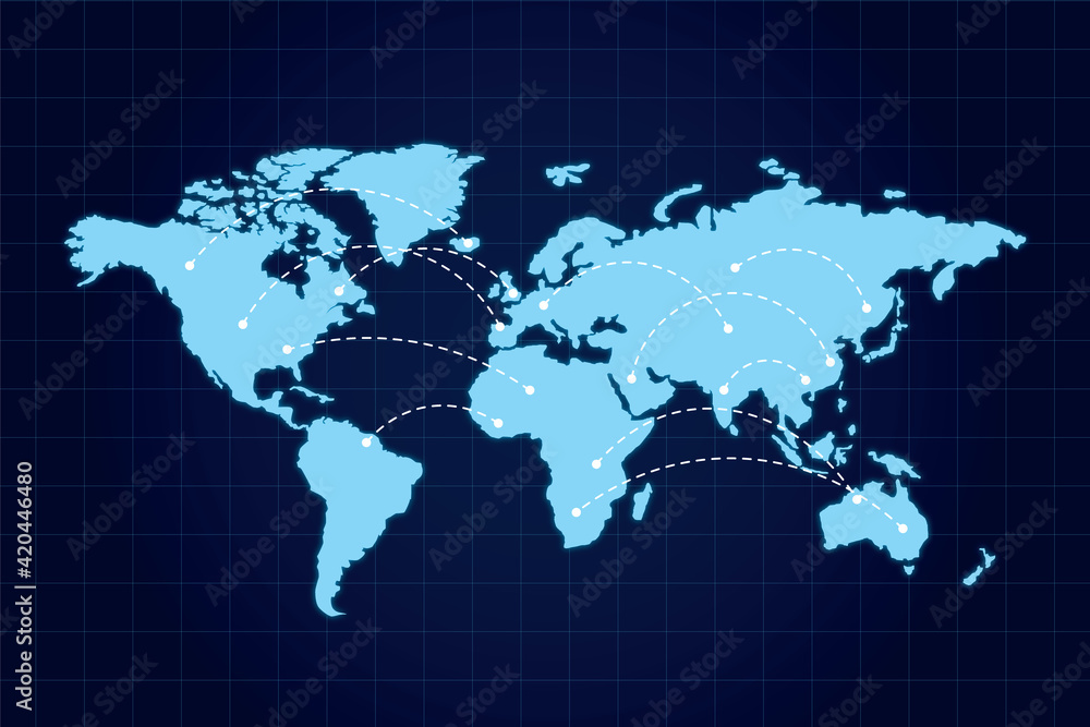 Data exchange concept with blue world map and dotted lines between countries on dark squared background