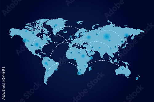 Social network connections concept with blue countries map and dotted lines on dark background