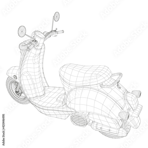 Polygonal wireframe of a motor scooter isolated on a white background. 3D. Perspective view. Vector illustration