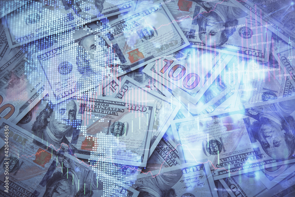 Double exposure of forex graph drawing over us dollars bill background. Concept of financial markets. Double exposure of forex graph drawing over us dollars bill background. Concept of financial markets.