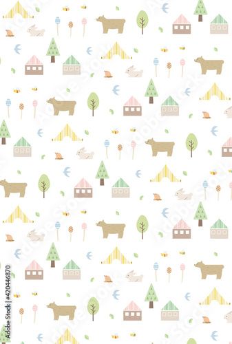 春　自然　動物　北欧風　シームレス　パターン　背景　イラスト素材