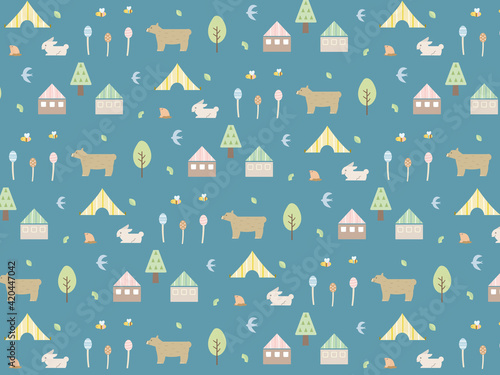 春　自然　動物　北欧風　シームレス　パターン　背景　イラスト素材
