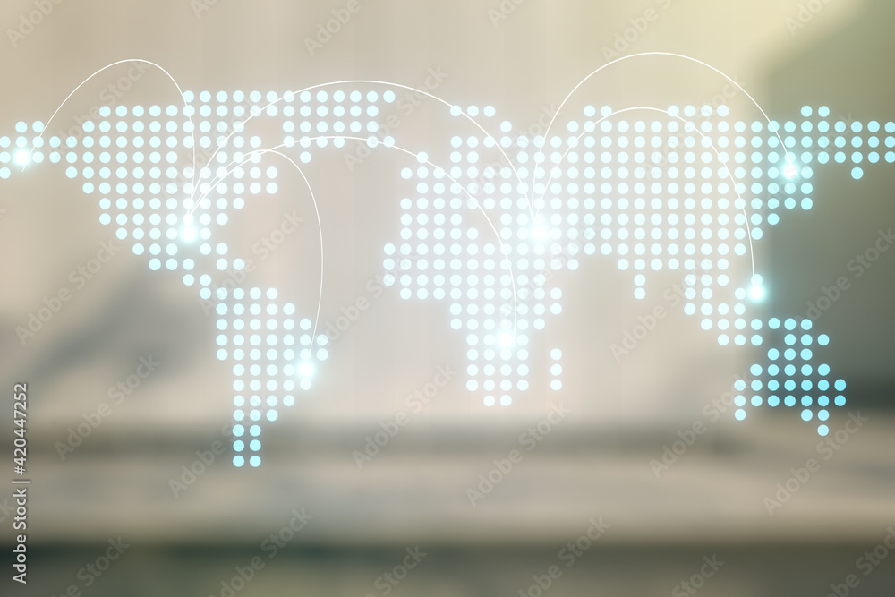 Fototapeta premium Abstract virtual world map with connections on blurry modern office building background, international trading concept. Multiexposure