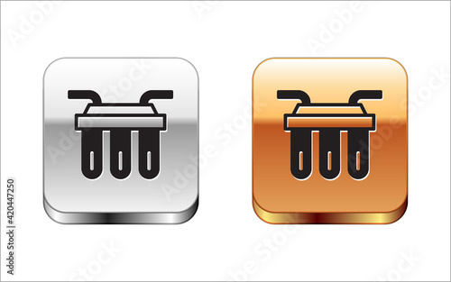 Black Water filter icon isolated on white background. System for filtration of water. Reverse osmosis system. Silver-gold square button. Vector