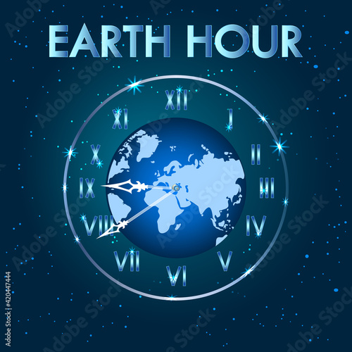 Earth hour. Earth planet clock. Earth globe with clock.Save our planet concept. Switch off the light for 1 hour.International action calling for switching off of light for one hour.Vector illustration