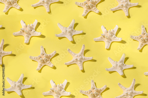 Summer pattern background with starfish on trend yellow background, with hard light dark shadows