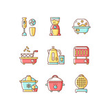 Electric cooking devices RGB color icons set. Immersion blender. Coffee grinder. Popcorn maker. Deep fryer. Smart kettle. Electronic grill. Ice cream machine. Isolated vector illustrations