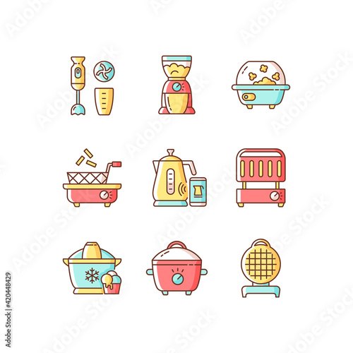 Electric cooking devices RGB color icons set. Immersion blender. Coffee grinder. Popcorn maker. Deep fryer. Smart kettle. Electronic grill. Ice cream machine. Isolated vector illustrations