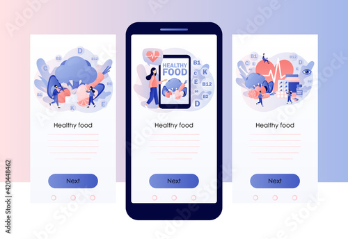 Healthy food concept. Tiny people consume healthy organic nutrition with vitamins. Nutritionist online app. Screen template for mobile smart phone. Modern flat cartoon style. Vector illustration