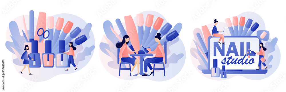 Nail studio. Manicurist service. Beauty salon concept. Manicure master is doing nail treatment and design. Different tools for manicure procedures. Modern flat cartoon style. Vector illustration