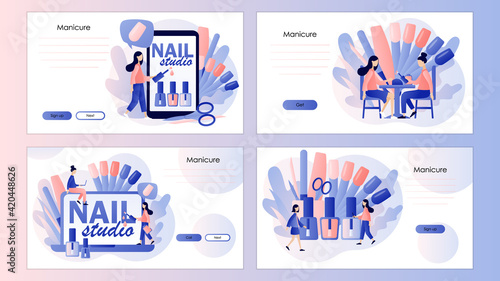 Nail studio. Manicurist service. Beauty salon concept. Manicure master online. Screen template for mobile smart phone, landing page, template, ui, web, mobile app, poster, banner, flyer. Vector 