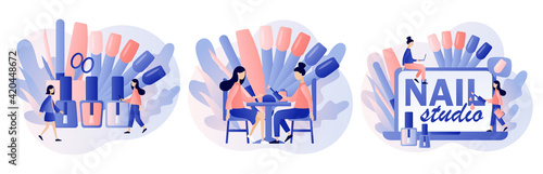 Nail studio. Manicurist service. Beauty salon concept. Manicure master is doing nail treatment and design. Different tools for manicure procedures. Modern flat cartoon style. Vector illustration