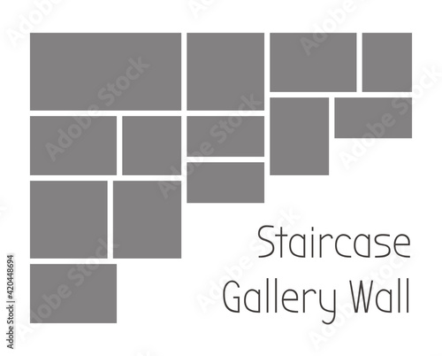Template collage frames for staircase gallery wall. Vector mockup of mosaic grid of photo or illustration for moodboard isolated on white background