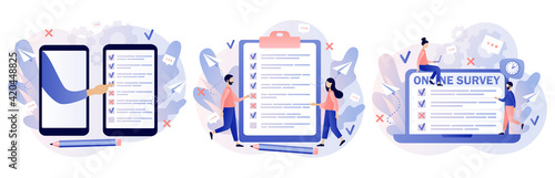 Online survey concept. Tiny people filling online survey form on smartphone or laptop. Feedback service. Modern flat cartoon style. Vector illustration on white background