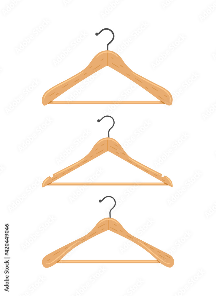 Wooden clothes hanger. Clothes hanger on a white background. 3 types of hangers. Vector flat illustration Wooden clothes hanger. Clothes hanger on a white background. 3 types of hangers. Vector flat illustration