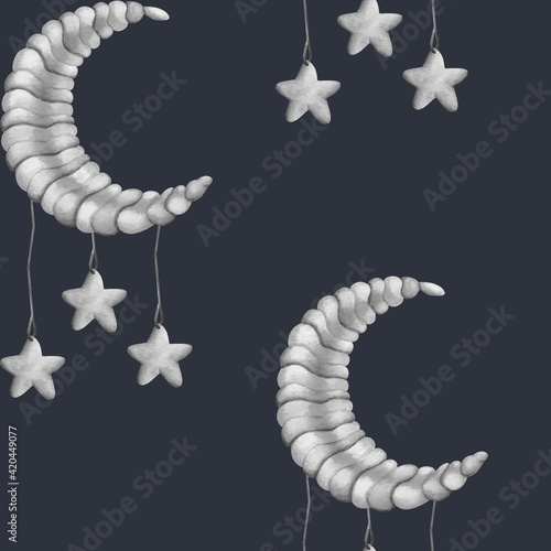 Pettern made of black and white moon and stars on a dark background. Seamless pattern, painted with watercolor