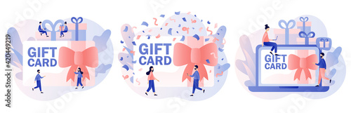 Gift card, certificate, voucher or coupon. Promotion strategy concept. Sale, loyalty program, bonus, marketing. Modern flat cartoon style. Vector illustration on white background