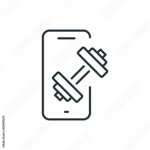 Online fitness line icon. Simple outline style. Mobile trainer, phone with dumbbell, home workout, online training class, sport physical exercise. Vector illustration isolated. EPS 10.