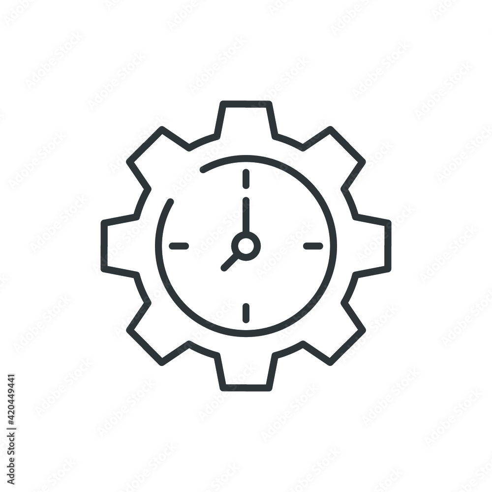 Gear with time line icon. Symple outline style. Cogwheel clock dial, development process logo, 24 hours concept symbol design. Vector illustration isolated on white background. EPS 10. Gear with time line icon. Symple outline style. Cogwheel clock dial, development process logo, 24 hours concept symbol design. Vector illustration isolated on white background. EPS 10.