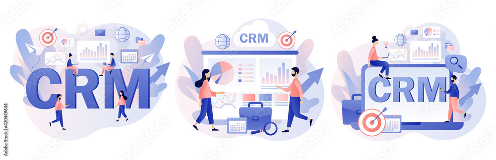 CRM solution. Customer relationship management concept. Business strategy. Tiny businessman perform data analysis. Modern flat cartoon style. Vector illustration on white background CRM solution. Customer relationship management concept. Business strategy. Tiny businessman perform data analysis. Modern flat cartoon style. Vector illustration on white background