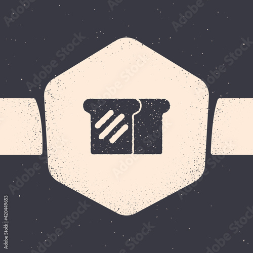 Grunge Bread toast for sandwich piece of roasted crouton icon isolated on grey background. Lunch, dinner, breakfast snack. Monochrome vintage drawing. Vector