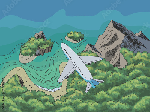 Airplane flying over the sea coast graphic travel color landscape aerial view from above sketch illustration vector