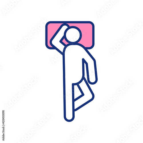 Starfish sleep position RGB color icon. Practicing sleep on back with legs and arms spread out. Maintaining spine alignment. Sleeping posture. Relieving back pain. Isolated vector illustration