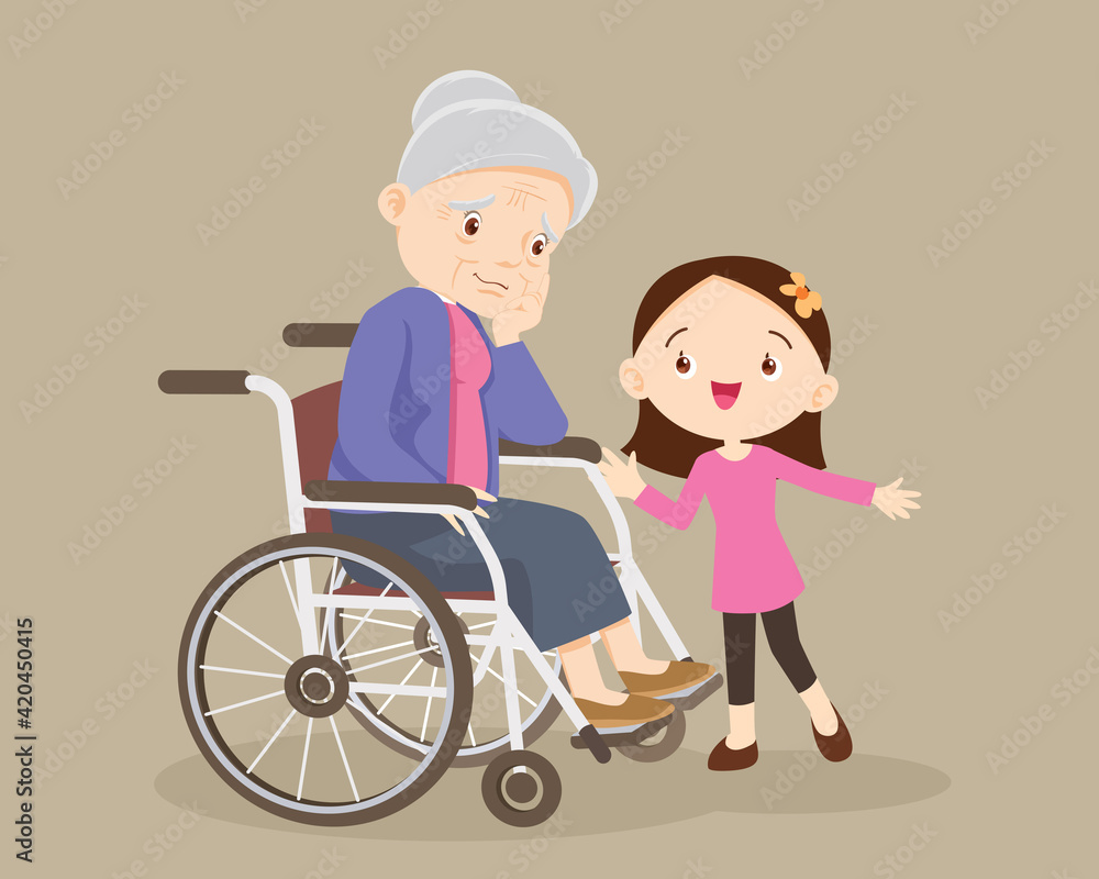 soothe sad grandmother sitting on wheelchair with grandchildren