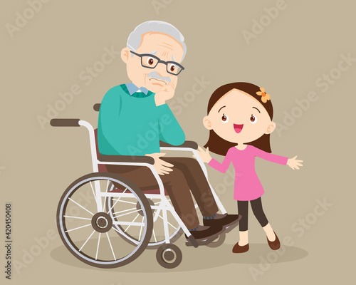 soothe sad grandfather sitting on wheelchair with grandchildren