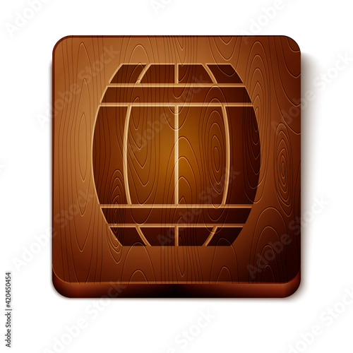 Brown Gun powder barrel icon isolated on white background. TNT dynamite wooden old barrel. Wooden square button. Vector