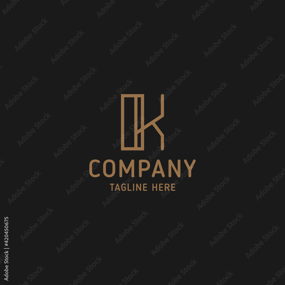 Simple and minimalist gold line art letter K monogram initial logo in black background Simple and minimalist gold line art letter K monogram initial logo in black background