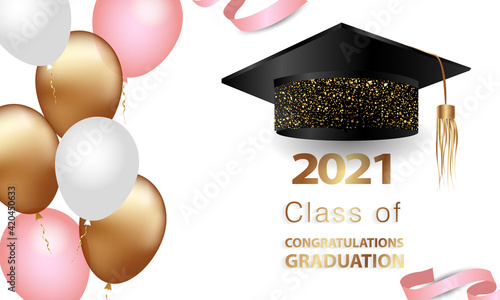 graduation greetings, realistic graduation cap, greeting banner, postcard, concept, graduation 2021, gold glitter, vector