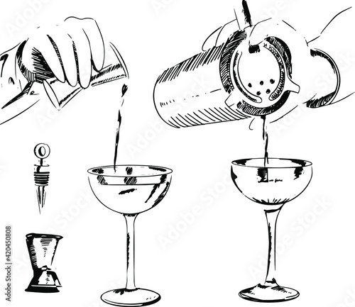 set of elements bartender makes cocktails, bartender's hands, drinks, shaker, sieve, glass, glass, shot, glass, martini