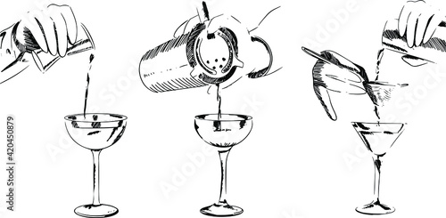 set of elements bartender makes cocktails, bartender's hands, drinks, shaker, sieve, glass, glass, shot, glass, martini photo