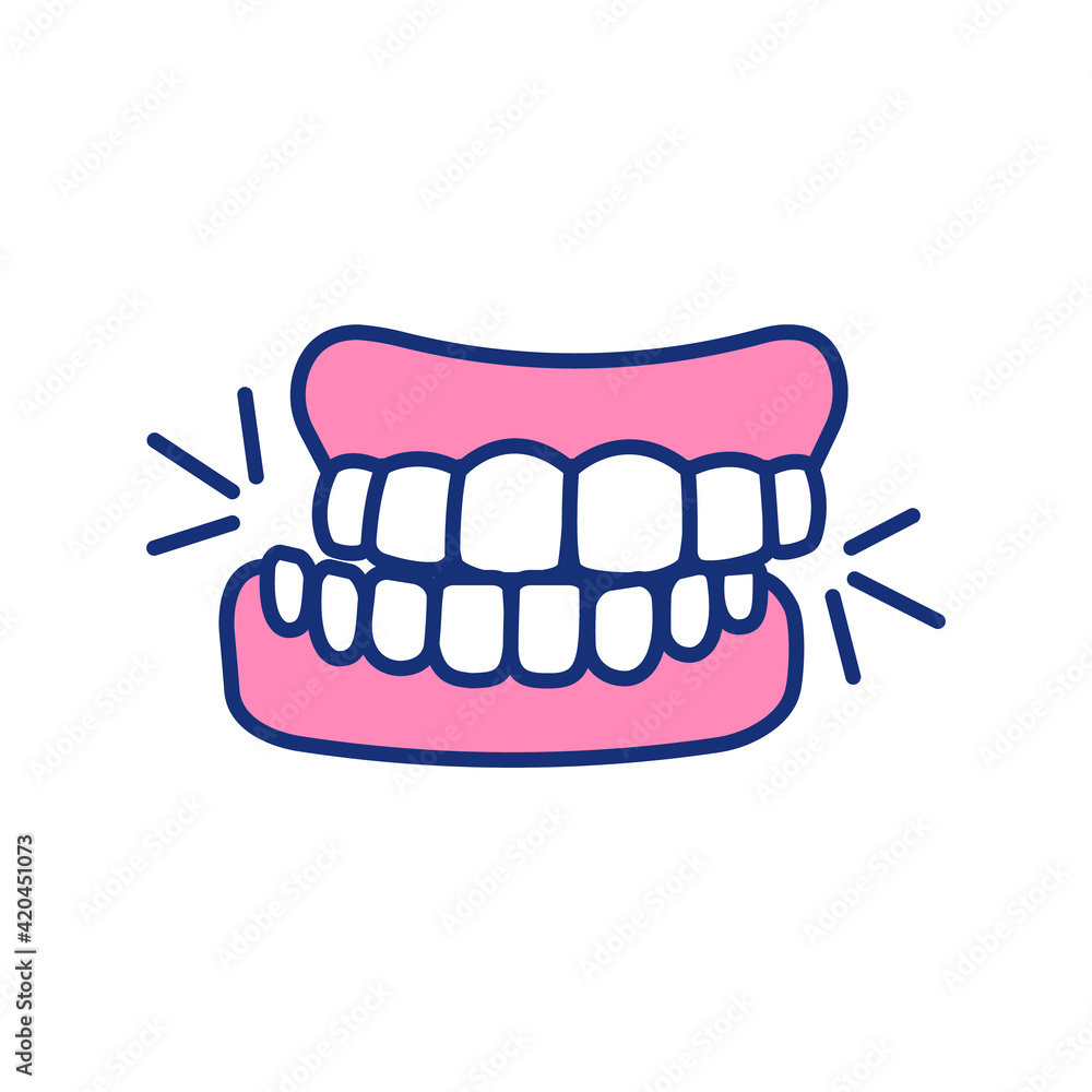 Teeth grinding RGB color icon. Jaw involuntary clenching. Bruxism. Oral parafunctional activity. Stress, fear, concentration aftermath. Chipped teeth. Sleep disorders. Isolated vector illustration Teeth grinding RGB color icon. Jaw involuntary clenching. Bruxism. Oral parafunctional activity. Stress, fear, concentration aftermath. Chipped teeth. Sleep disorders. Isolated vector illustration