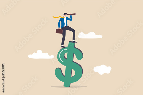 Vision for global financial or economy, business opportunity or investment forecast concept, smart confident businessman standing on US dollar money sign using telescope to see future prediction.
