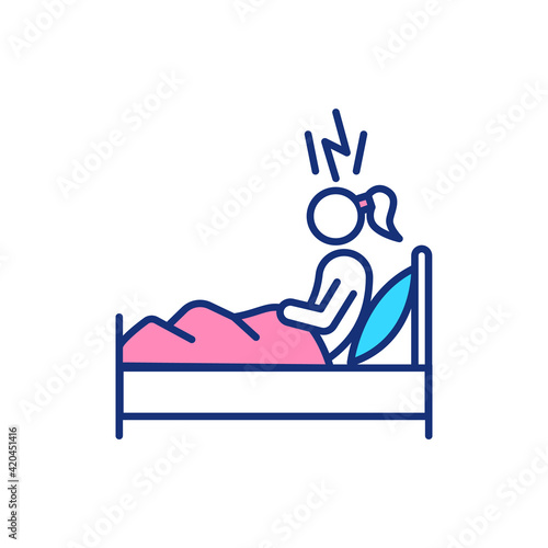 Nightmares RGB color icon. Insomnia disorder. Jet lag. Physical burden. Zone change syndrome. Sleeplessness. Persistent disturbing dreams. Difficulty falling asleep. Isolated vector illustration