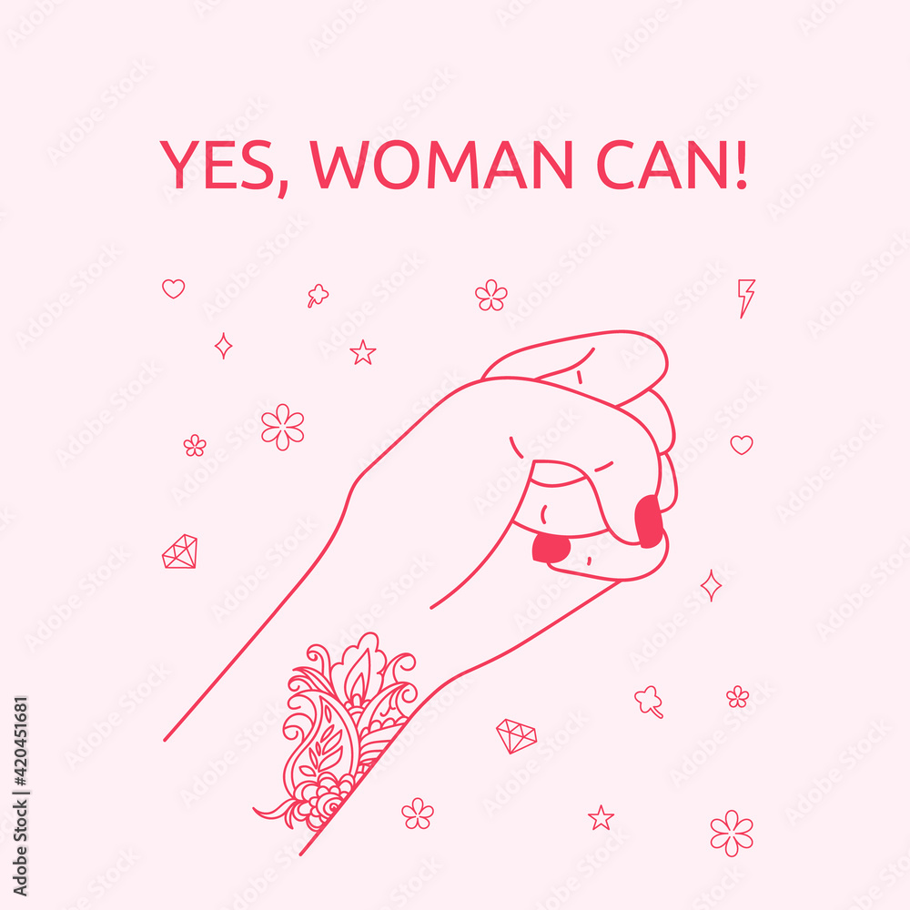 Yes, Women Can. Woman's hand with her fist raised up. Girl Power. Feminism concept. Realistic style vector illustration in pink pastel goth colors. Sticker, patch graphic design. Yes, Women Can. Woman's hand with her fist raised up. Girl Power. Feminism concept. Realistic style vector illustration in pink pastel goth colors. Sticker, patch graphic design.