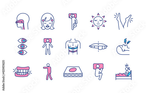 Sleep disorders RGB color icons set. Sleeplessness. Nose breathing. Sleep position. Chipped tooth. Electroencephalogram. Insomnia disorder. Restless legs. Bedwetting. Isolated vector illustrations