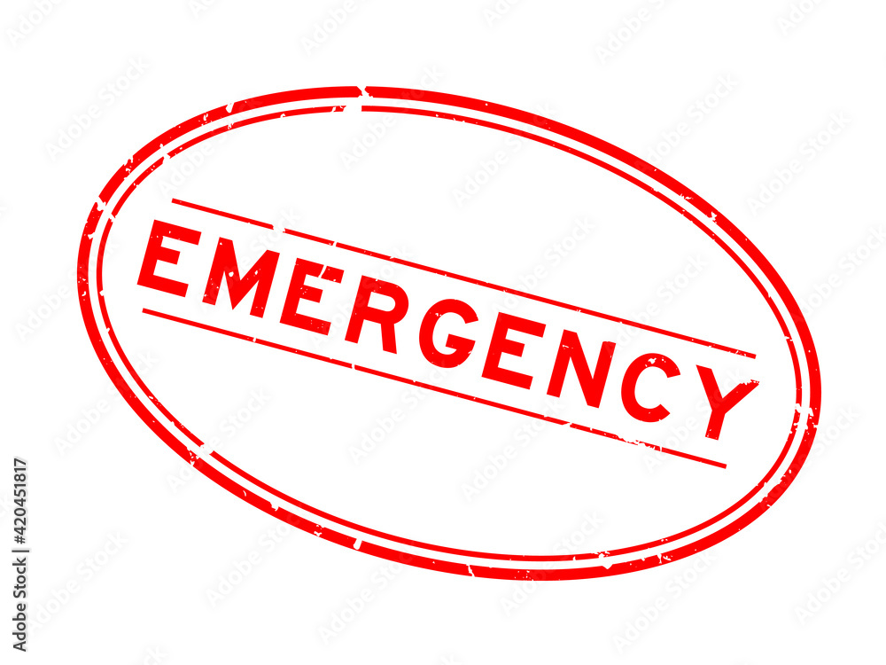 Grunge red emergency word oval rubber seal stamp on white background