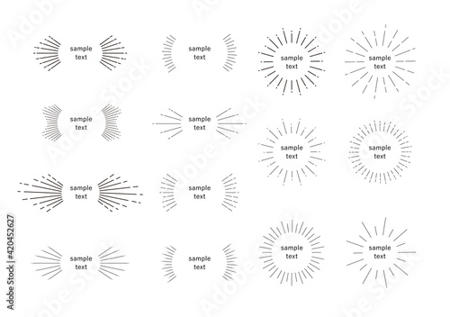 あしらい　太陽線　集中線　太陽光　円形　見出し　フレーム　サンバースト　イラスト　セット