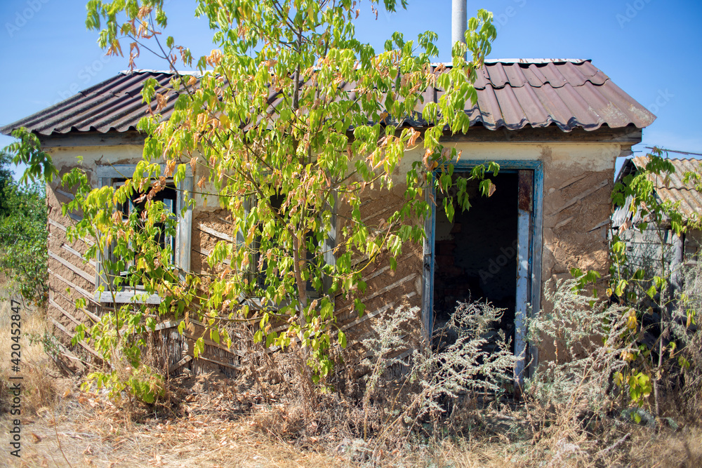 An old abandoned house in the village, overgrown with thickets and grass. Ancient clay dwelling An old abandoned house in the village, overgrown with thickets and grass. Ancient clay dwelling