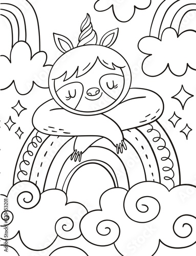 Coloring page with cute Sloth - Unicorn. Monochrome vector illustration with sloth unicorn