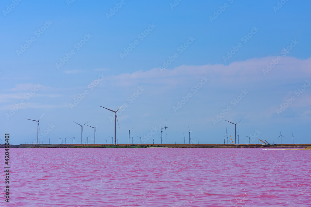 Wind turbines at the shore of lake with pink water. Clean energy. Ecological concept
