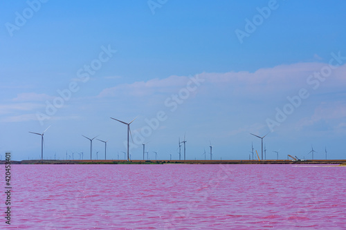 Wind turbines at the shore of lake with pink water. Clean energy. Ecological concept