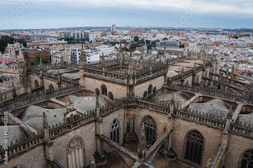 Walls of Seville Cathedral or Cathedral of Saint Mary of the See and view of Seville, Spain