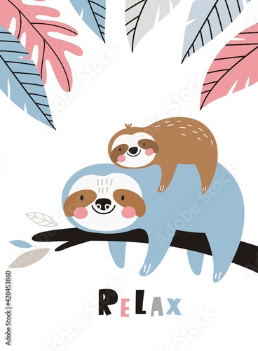 Sloth mom and little baby Sloth. Mother's Day vector print