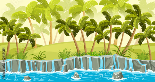 Palms, border old gray rock and cascades falling water. Landscape stone sidewalks with waterfall in jungle for computer games. Cartoon vector illustration.